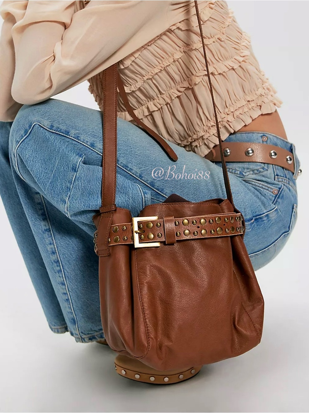NWT Free People Embellished Belt Bucket Crossbody Bag Leather Studded - Picture 1 of 14